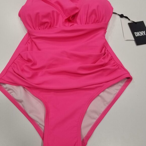 DKNY Ruffle Plunge Underwire Tummy Control One-Piece Swimsuit Neon Pink - Picture 6 of 11
